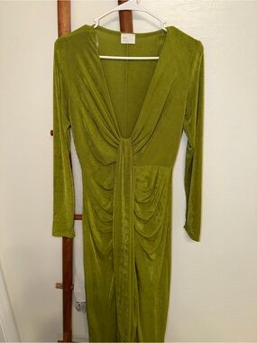 Olive Green Long Sleeve Drape-Front Women’s Dress